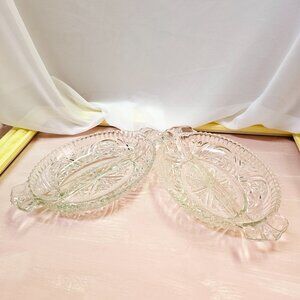 Stars & Bars, aka 1000 Lines 2pc Clear Glass Divided Relish/Serving Dishes